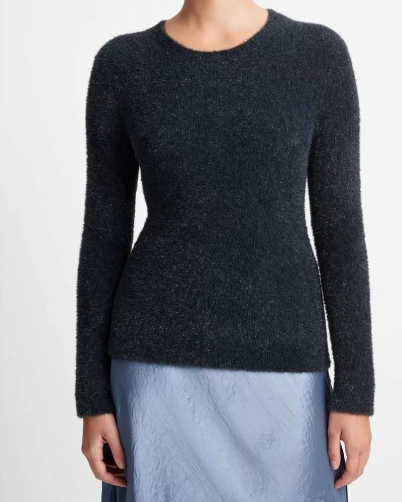 Front of a model wearing a size L Lurex Eyelash Pullover Sweater in Obsidian Black in Obsidian Black by Vince. | dia_product_style_image_id:364509